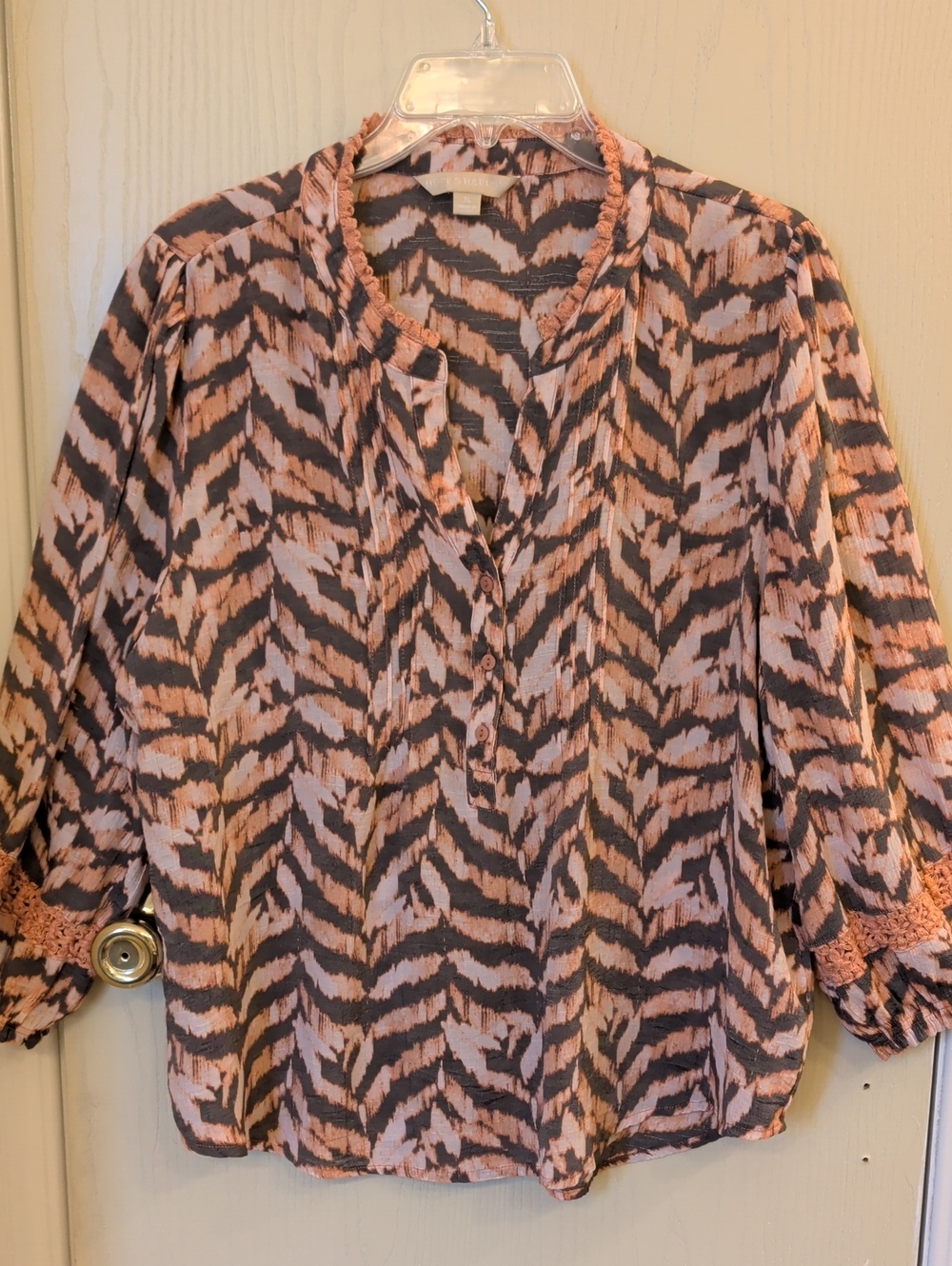 Hope & Harlow Woven Coral Brown Print Button-Front Top XL | Boho Blouse